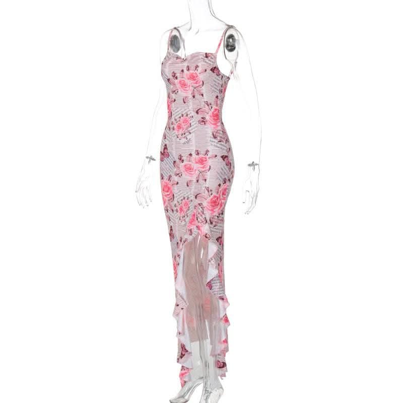 Cowl neck ruffle slit butterfly print cami maxi dress-final-sale  | Festival Outfits Women