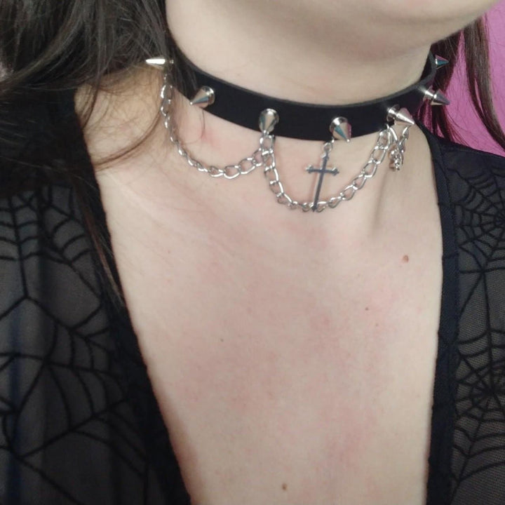 Layered rivet cross pendant metal chain choker necklace  | Festival Outfits Women