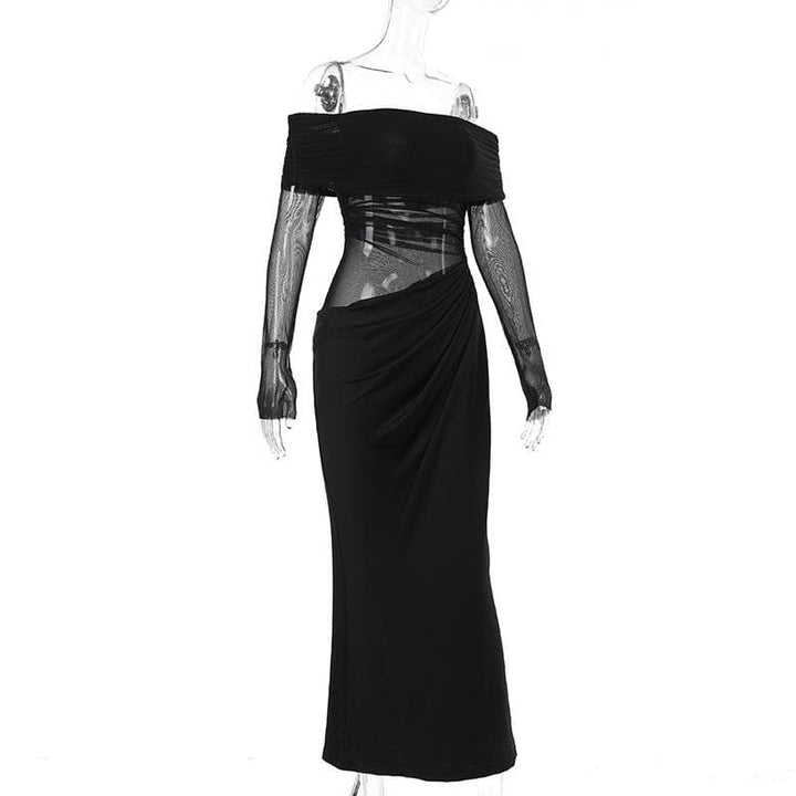 Long sleeve off shoulder mesh ruched maxi dress  | Festival Outfits Women