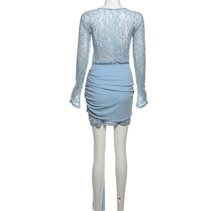 Long sleeve lace patchwork ruched mini dress  | Festival Outfits Women-final-sale