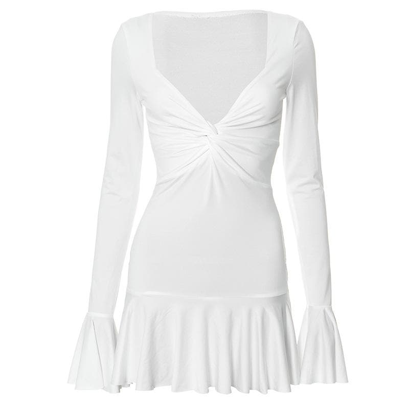 Long flared sleeve ruched v neck solid mini dress  | Festival Outfits Women