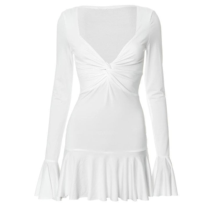 Long flared sleeve ruched v neck solid mini dress  | Festival Outfits Women