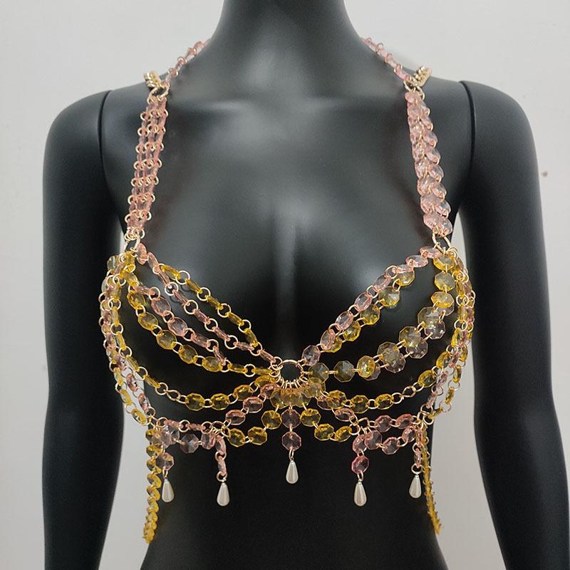 Metal chain beaded faux pearl cross backless bralette top  | Festival Outfits Women