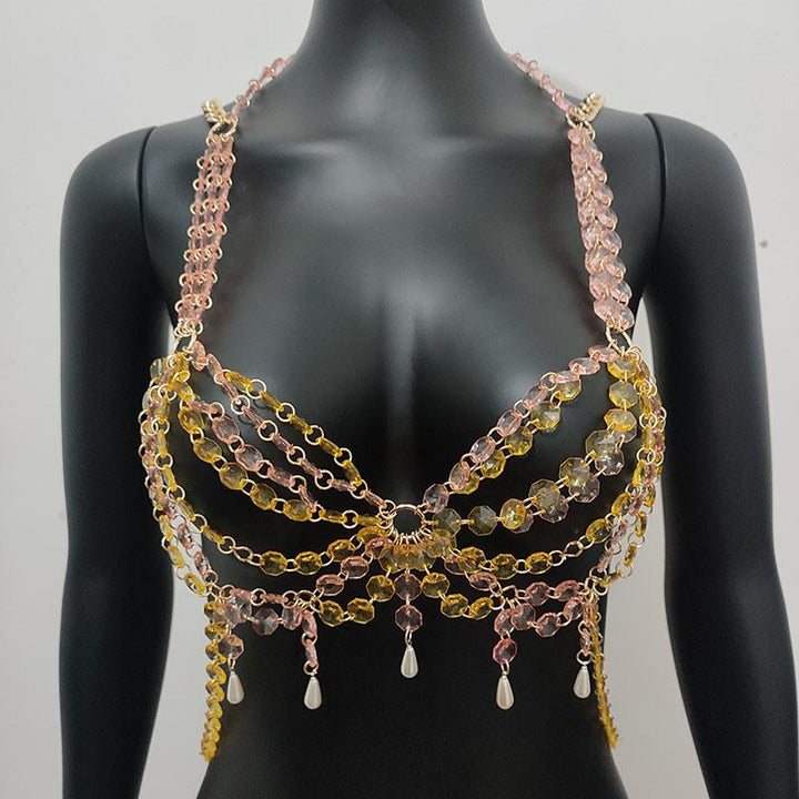 Metal chain beaded faux pearl cross backless bralette top  | Festival Outfits Women