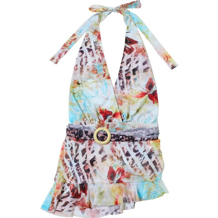Irregular halter deep V neck print sheer mesh mini dress  | Festival Outfits Women-final-sale