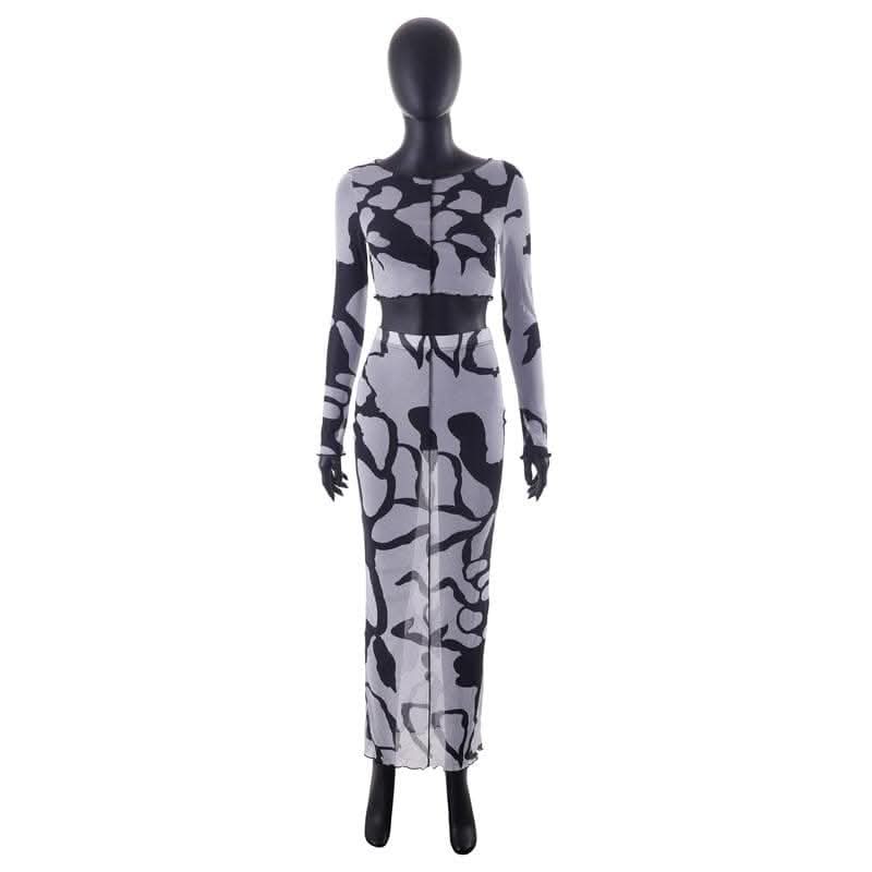 Sheer mesh see through long sleeve stitch contrast maxi skirt set-final-sale  | Festival Outfits Women