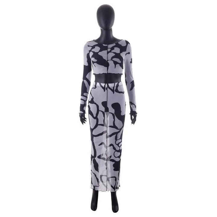 Sheer mesh see through long sleeve stitch contrast maxi skirt set-final-sale  | Festival Outfits Women