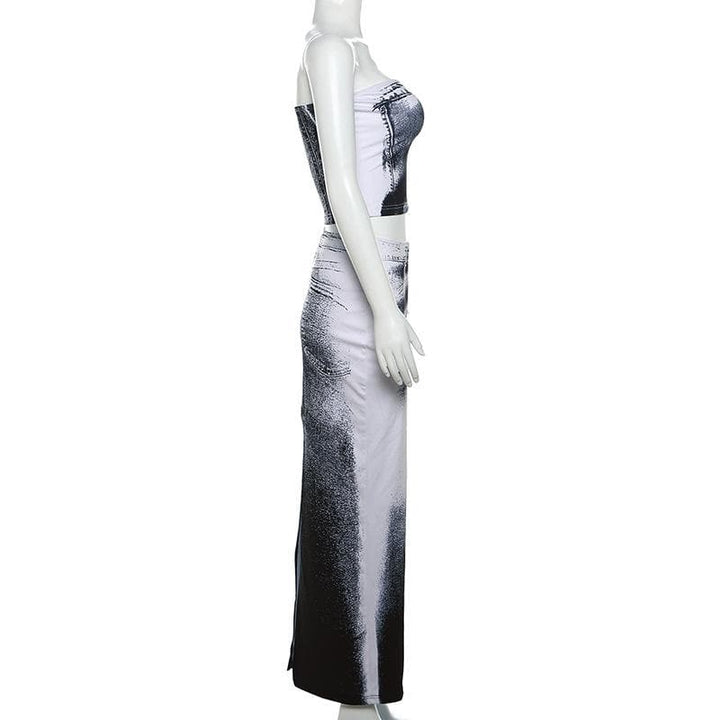 Contrast denim print slit backless tube maxi skirt set-final-sale  | Festival Outfits Women
