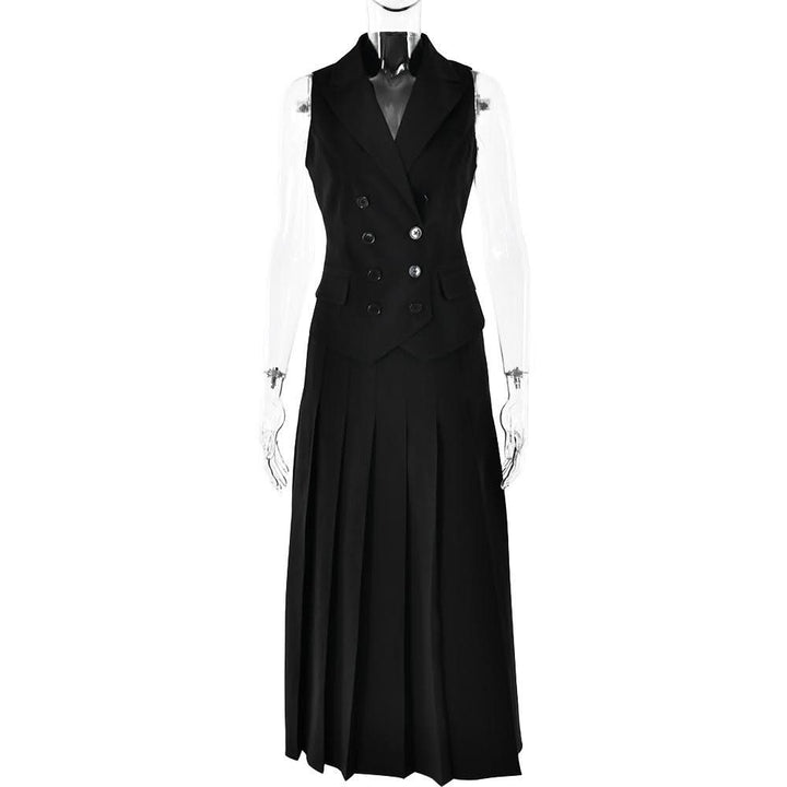Sleeveless turnover collar button pleated maxi skirt set  | Festival Outfits Women
