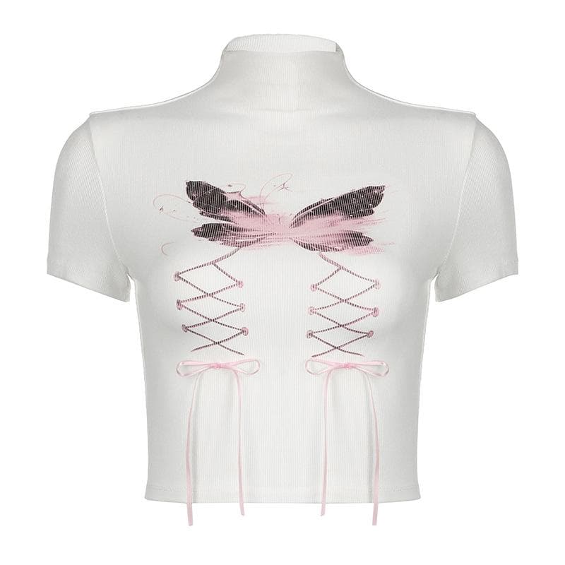 Short sleeve high neck butterfly print bowknot crop top  | Festival Outfits Women