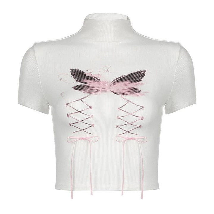 Short sleeve high neck butterfly print bowknot crop top  | Festival Outfits Women