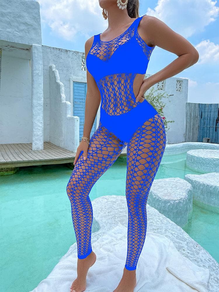 U neck sleeveless hollow out fishnet bodystocking  | Festival Outfits Women
