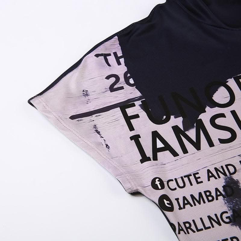 High neck short sleeve letter print contrast top-final-sale  | Festival Outfits Women