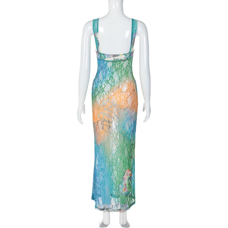 Hollow out butterfly pattern lace tie dye cut out maxi dress  | Festival Outfits Women
