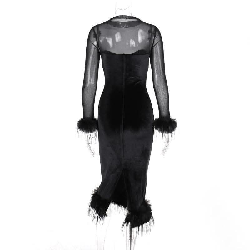Long sleeve feather velvet mesh patchwork slit high neck midi dress-final-sale  | Festival Outfits Women