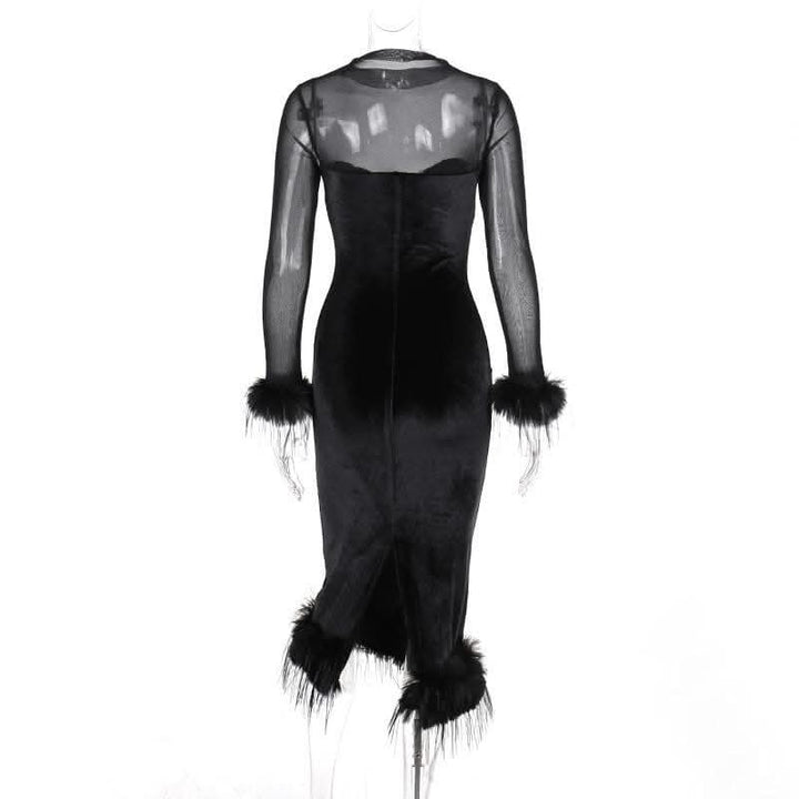 Long sleeve feather velvet mesh patchwork slit high neck midi dress-final-sale  | Festival Outfits Women