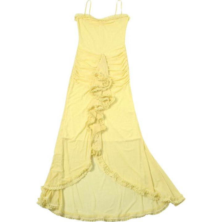 Mesh ruffle solid backless cami maxi dress  | Festival Outfits Women