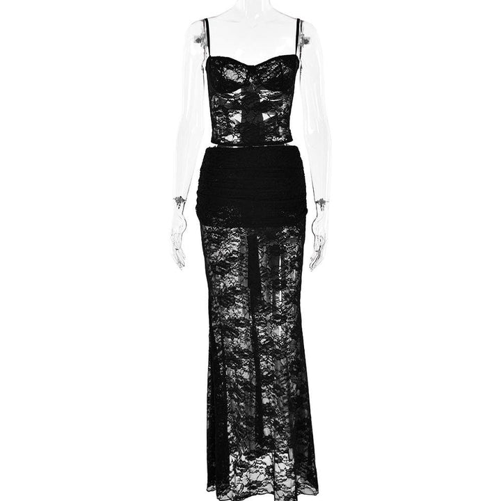 Sweetheart neck ruffle lace see through cami maxi skirt set  | Festival Outfits Women
