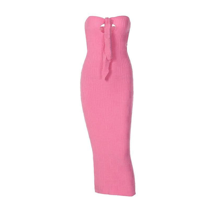 Hollow out knitted backless self tie solid textured tube cut out maxi dress-final-sale  | Festival Outfits Women