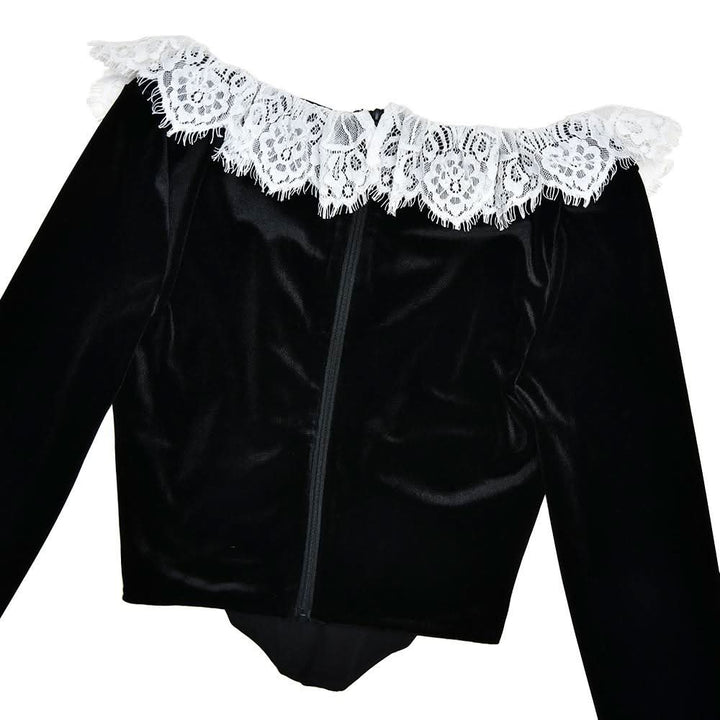 Long flared sleeve lace patchwork velvet zip-up top  | Festival Outfits Women