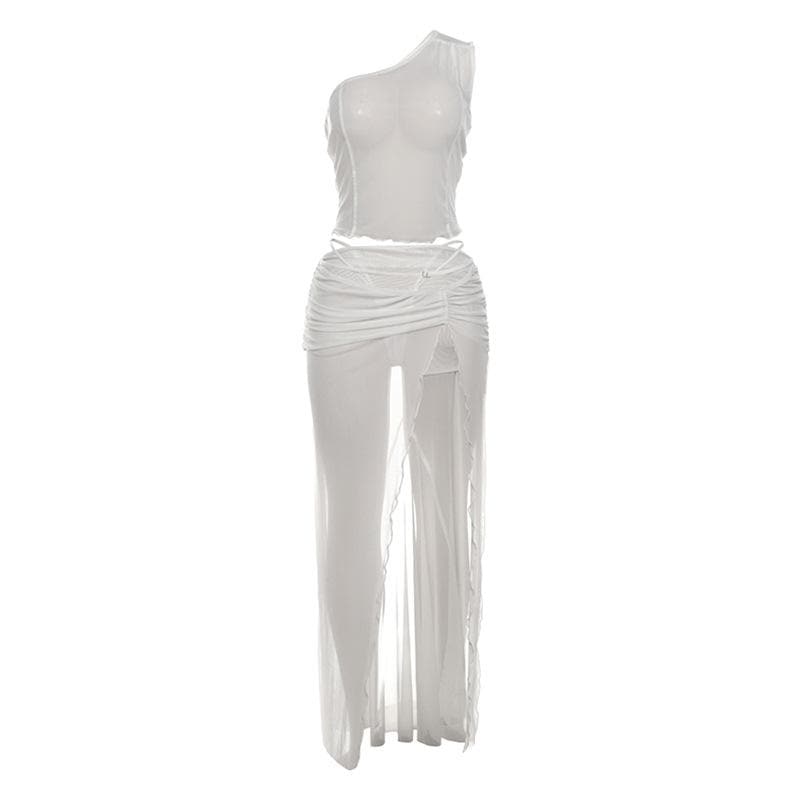 One shoulder high slit ruffle sheer mesh maxi skirt set-final-sale