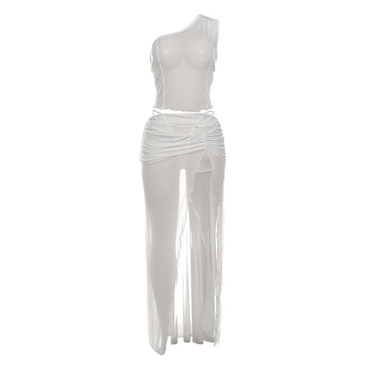 One shoulder high slit ruffle sheer mesh maxi skirt set-final-sale