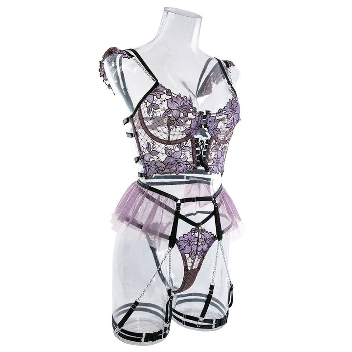 Embroidery metal chain mesh garter lingerie set  | Festival Outfits Women
