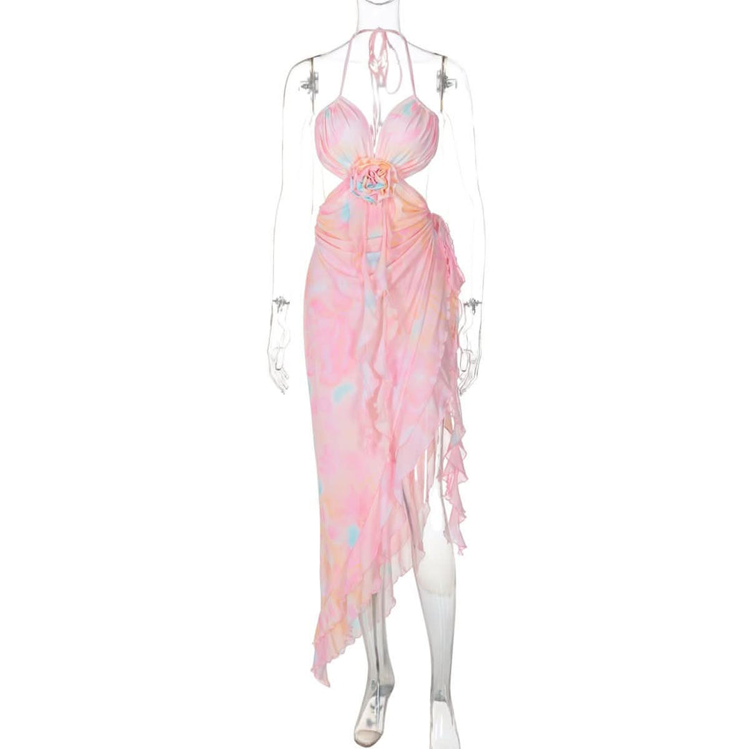 Halter flower applique ruffle backless slit maxi dress-final-sale