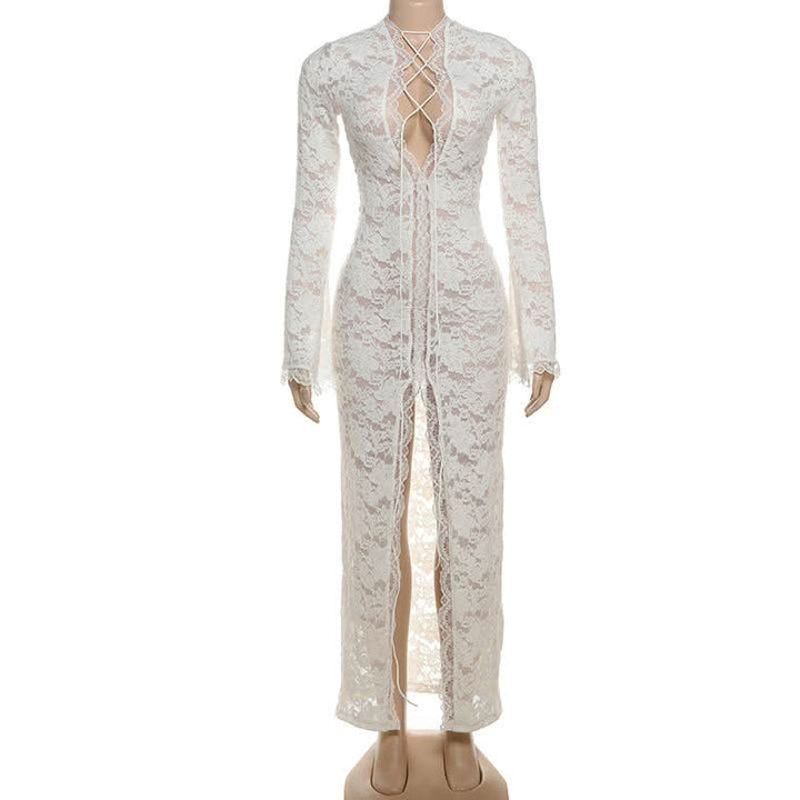 Long sleeve lace cross front slit maxi dress  | Festival Outfits Women