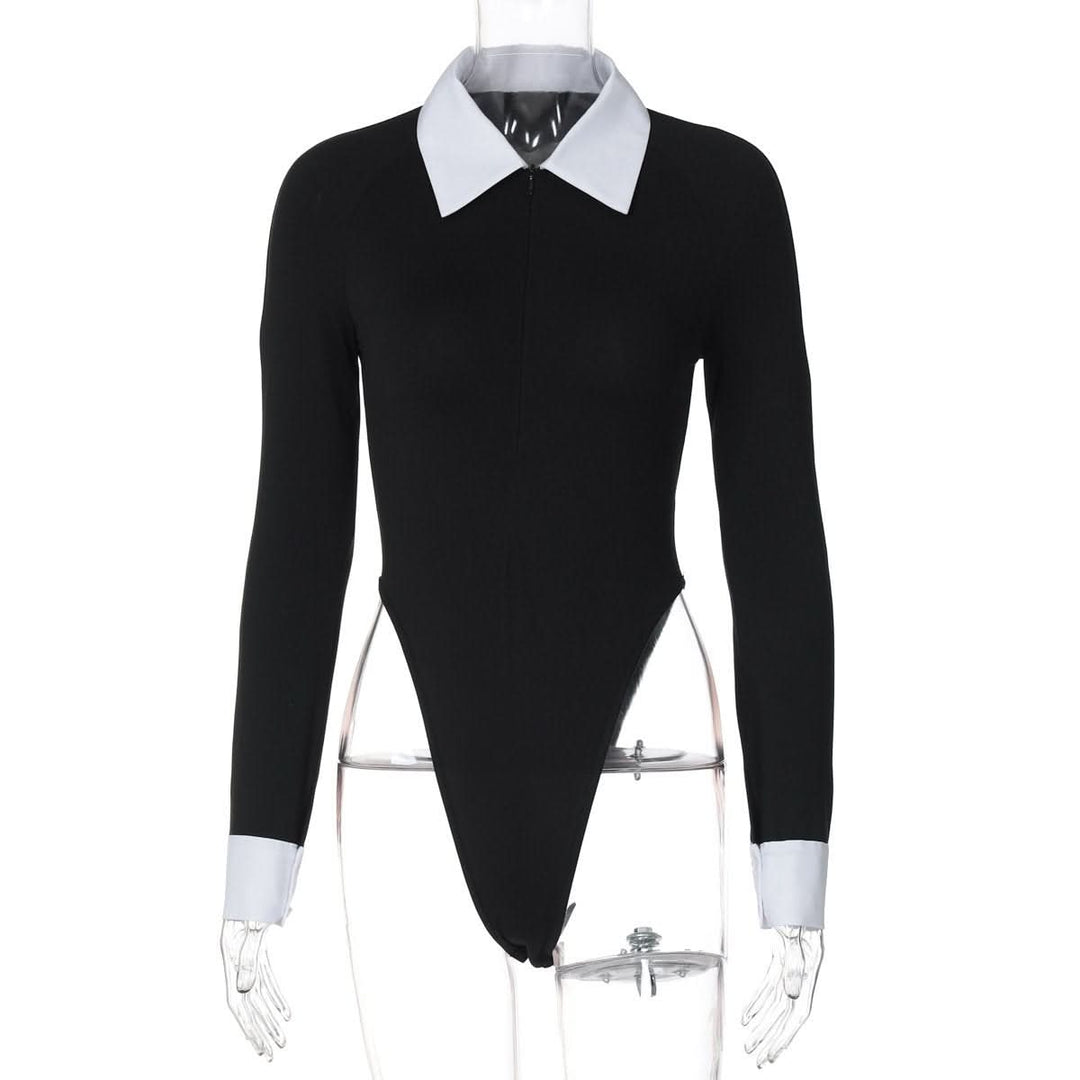 Turnover collar long sleeve zip-up button bodysuit  | Festival Outfits Women-final-sale