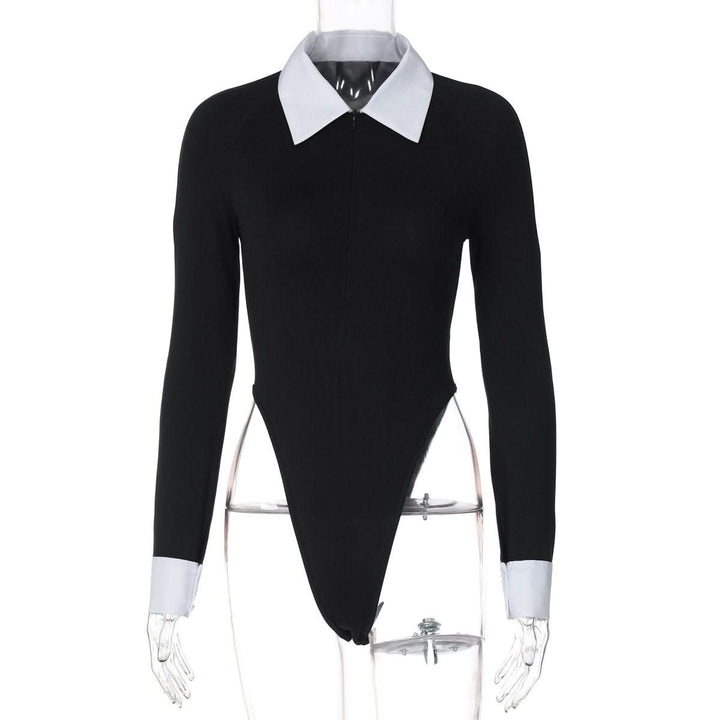 Turnover collar long sleeve zip-up button bodysuit  | Festival Outfits Women-final-sale