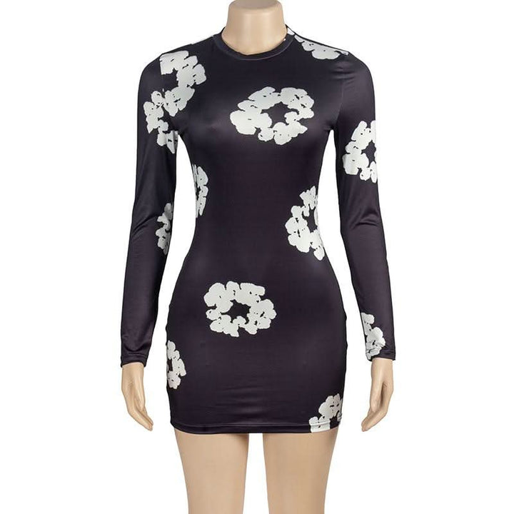 Long sleeve crewneck flower print mini dress  | Festival Outfits Women