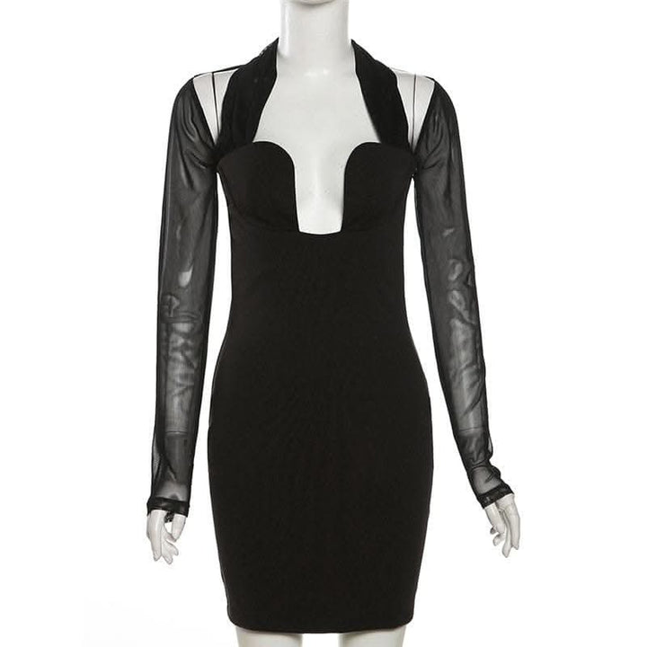 Long sleeve halter mesh patchwork solid mini dress-final-sale  | Festival Outfits Women