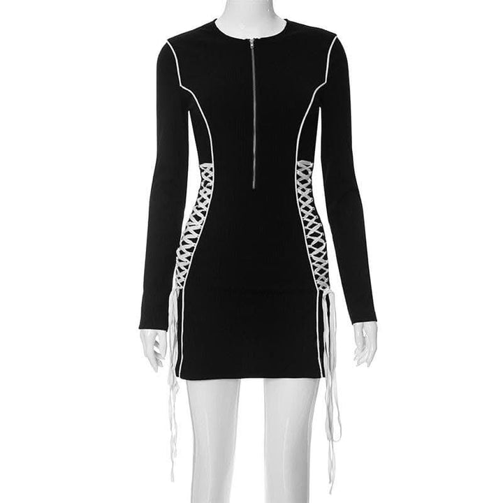 Crewneck long sleeve zip-up lace up contrast mini dress-final-sale  | Festival Outfits Women