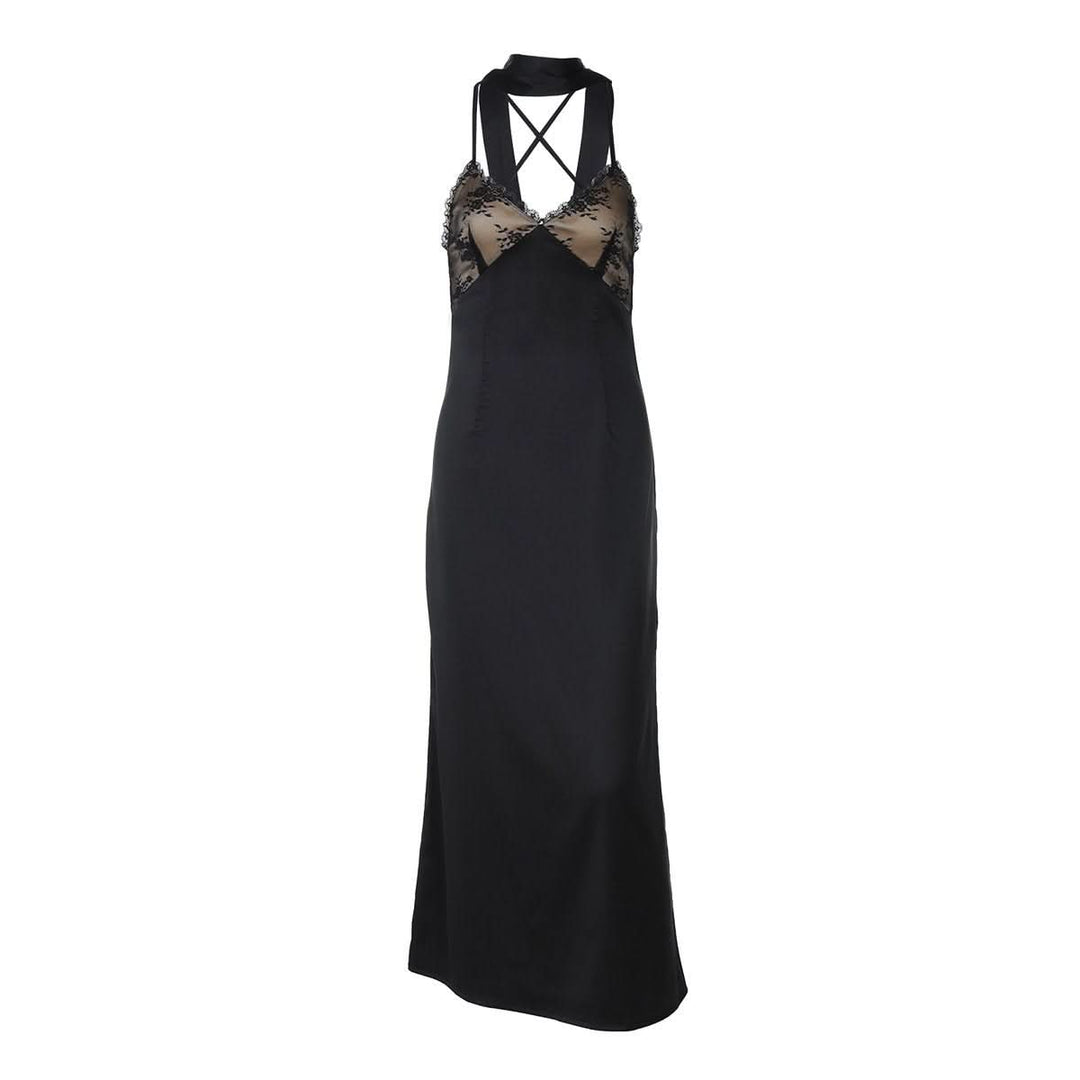 Lace hem v neck zip-up cross back cami maxi dress  | Festival Outfits Women