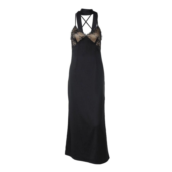 Lace hem v neck zip-up cross back cami maxi dress  | Festival Outfits Women