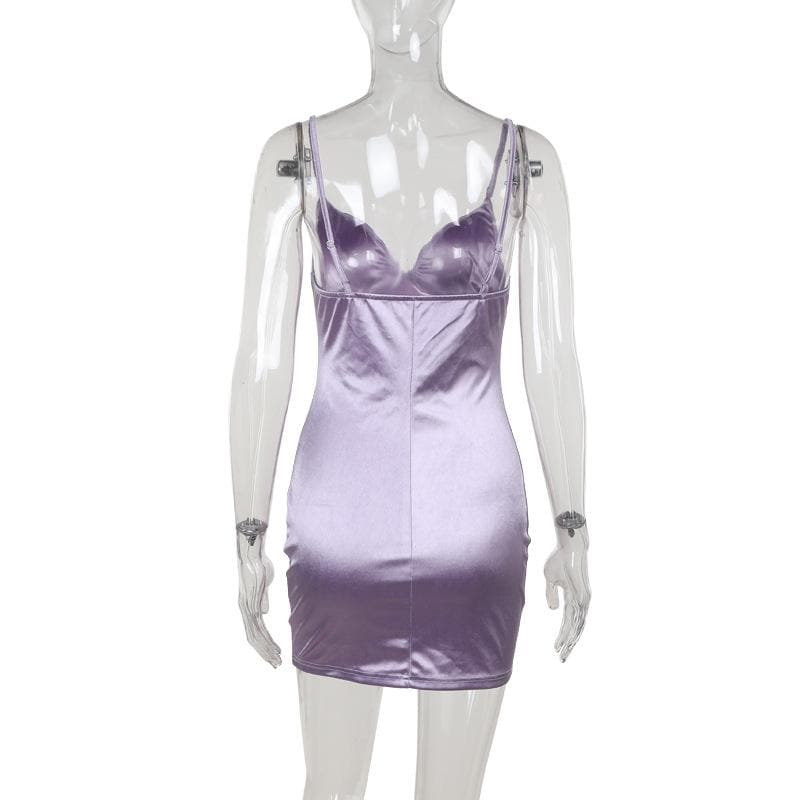 V neck satin ruched solid cami mini dress  | Festival Outfits Women