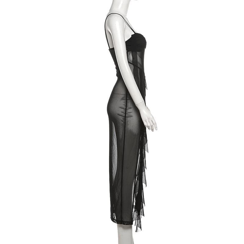 Sweetheart neck ruffle high slit sheer mesh cami midi dress  | Festival Outfits Women