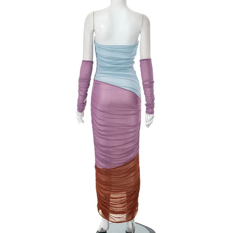 Mesh ruched contrast patchwork off shoulder maxi tube dress-final-sale  | Festival Outfits Women