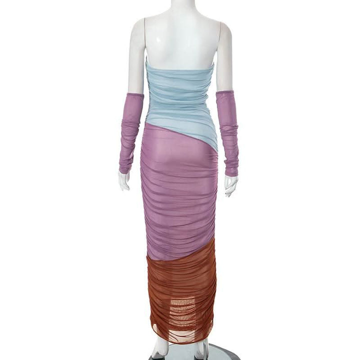 Mesh ruched contrast patchwork off shoulder maxi tube dress-final-sale  | Festival Outfits Women