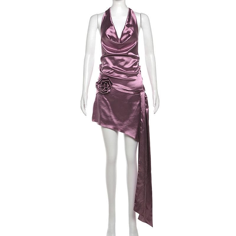 Cowl neck halter flower applique knotted mini dress  | Festival Outfits Women