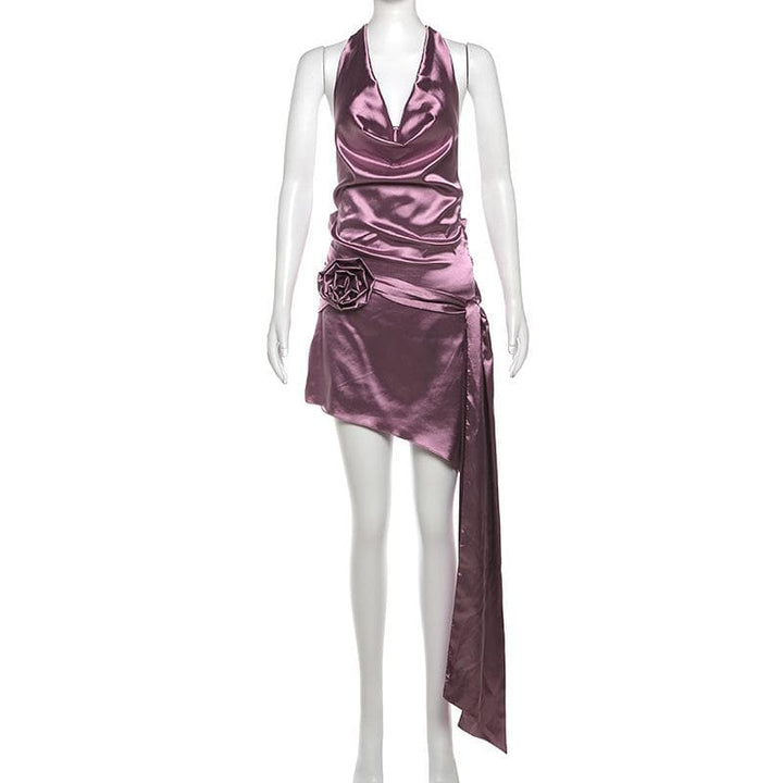 Cowl neck halter flower applique knotted mini dress  | Festival Outfits Women