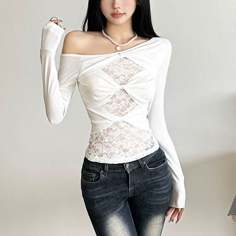 Off shoulder long sleeve lace patchwork top  | Festival Outfits Women