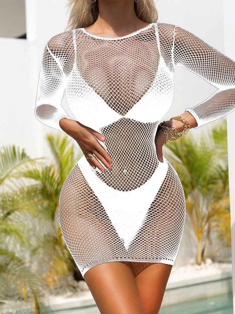 Long sleeve fishnet stitch crewneck mini dress  | Festival Outfits Women
