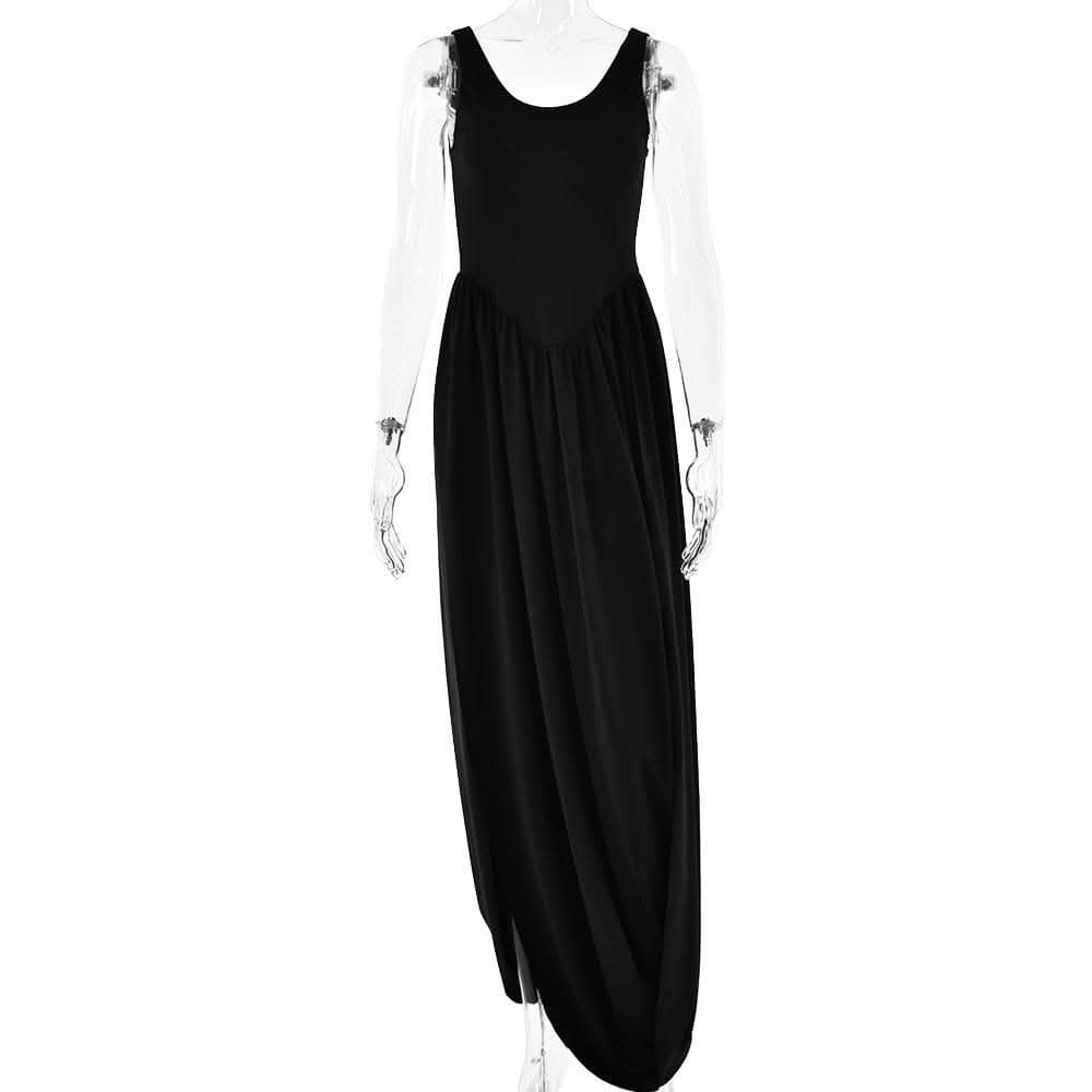 U neck ruched solid backless cami maxi dress-final-sale  | Festival Outfits Women