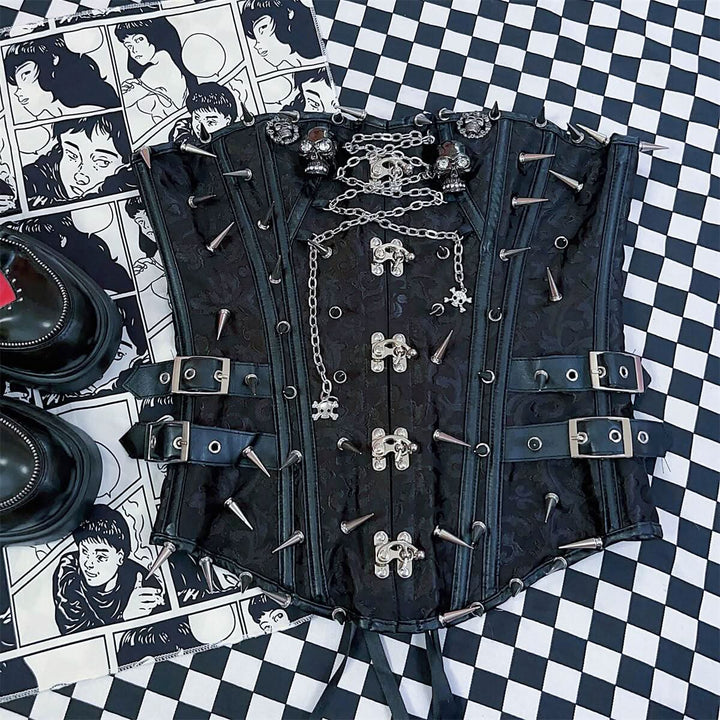 Metal chain skull applique print buckle lace up tube top  | Festival Outfits Women