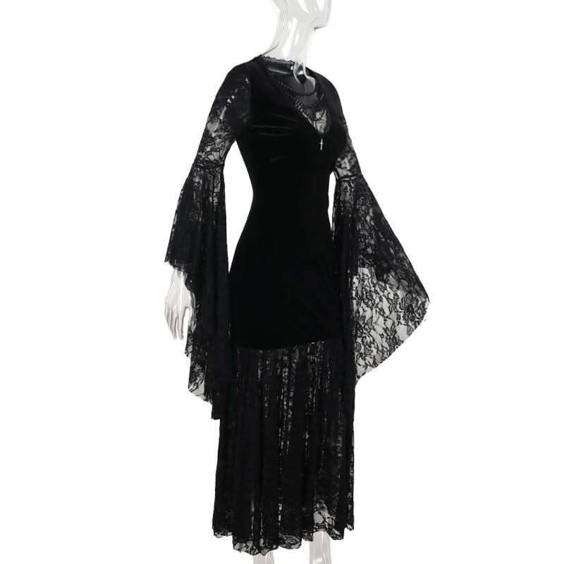 Long flared sleeve lace velvet beaded maxi dress  | Festival Outfits Women