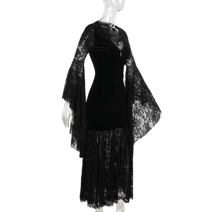 Long flared sleeve lace velvet beaded maxi dress  | Festival Outfits Women