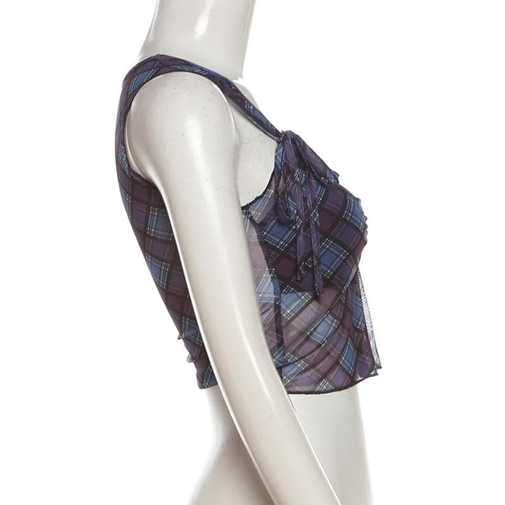 V neck plaid print bowknot crop top  | Festival Outfits Women