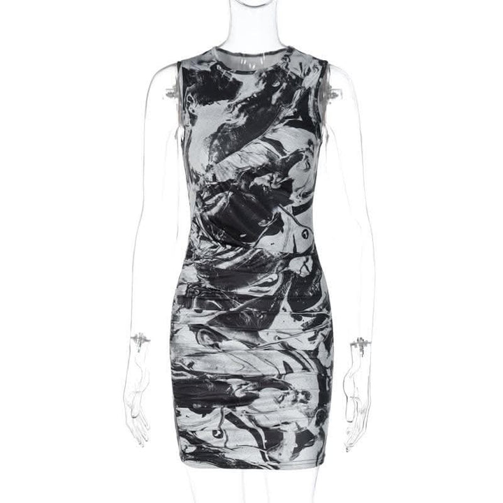 Tie dye contrast sleeveless ruched crewneck mini dress-final-sale